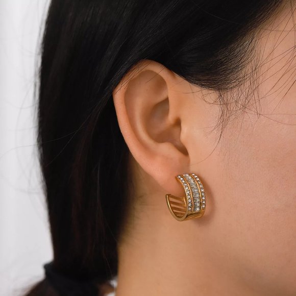 CC Zirconia Hoop Earrings 18K Gold Plated Stainless Steel - Picture 2 of 7